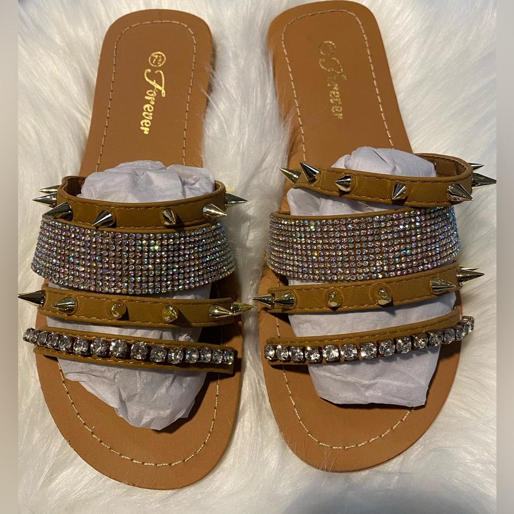 Tan Gold Sandals with Rhinestone Embellishments